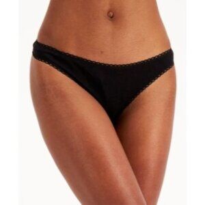 Charter Club Women's Everyday Cotton Lace-Trim Thong, Black, Size M, NWT